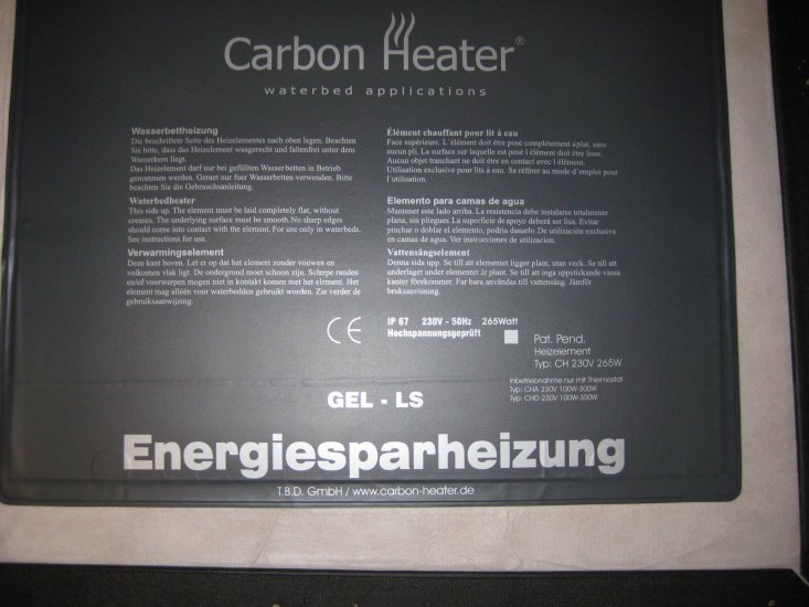 GEL Heizung Carbon Heater Heizmatte GEL - LS 265Watt "gebraucht" Bild zum Schließen anclicken